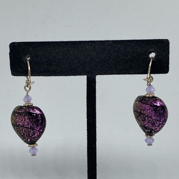 Earrings Glass purple heart dangle earrings crystal glitter - Picture 1 of 7